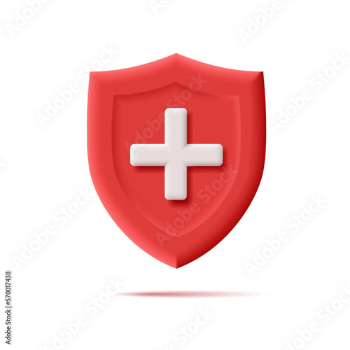 Red modern 3D shield with a white cross. Healthcare concept. An element for the layout design of hospitals and pharmacies.