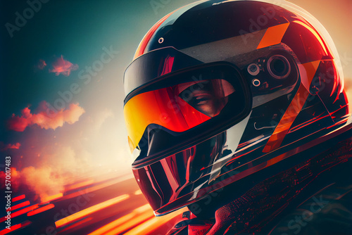 Fotografiet Portrait of sports car racer wearing helmet at sunset