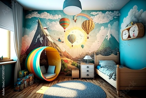Creative and bright design of a children's room. Bright fantasy wallpaper on the wall. Adventure theme. Generative AI illustration.