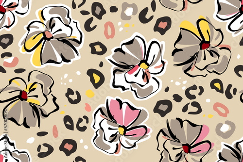 Botanical background of abstract flowers and spots of leopard skin. Hand drawn seamless pattern summer floral background. Sketchy drawing of black outlines and white and pink-orange strokes.