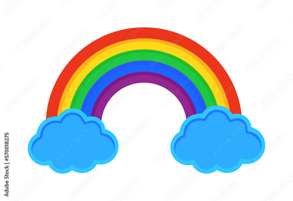 Rainbow in clouds. Spring, happiness symbol. Magic concept. Children, summertime, cloudy, background banner template. Outline, flat, and colored style. Flat design. Vector illustration. Rainbow in clouds. Spring, happiness symbol. Magic concept. Children, summertime, cloudy, background banner template. Outline, flat, and colored style. Flat design. Vector illustration.