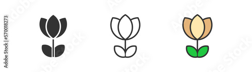 Tulip icon on light background. Flower symbol. Spring, floral store, logo, holland tulips, blossom, nature, palnt signs. Outline, flat, and colored style. Flat design. Vector illustration.