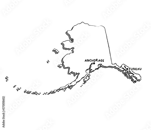 Vector hand drawn map of Alaska AK with main cities. US States black and white illustrated map. Full vector global color swatch different layer for ease of use
