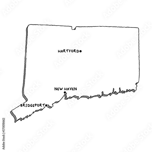 Vector hand drawn map of Connecticut CT with main cities. US States black and white illustrated map. Full vector global color swatch different layer for ease of use