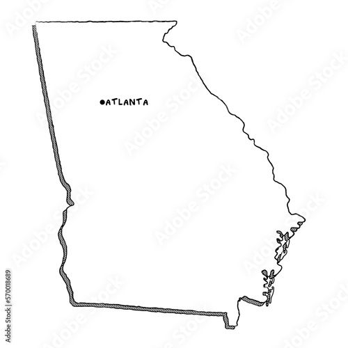 Vector hand drawn map of Georgia GA with main cities. US States black and white illustrated map. Full vector global color swatch different layer for ease of use
