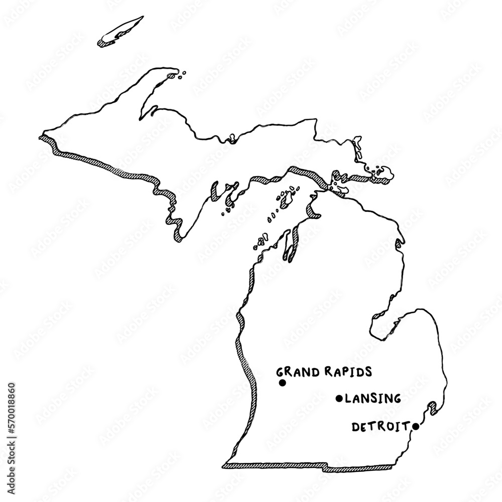 Vector hand drawn map of Michigan MI with main cities. US States black and white illustrated map
