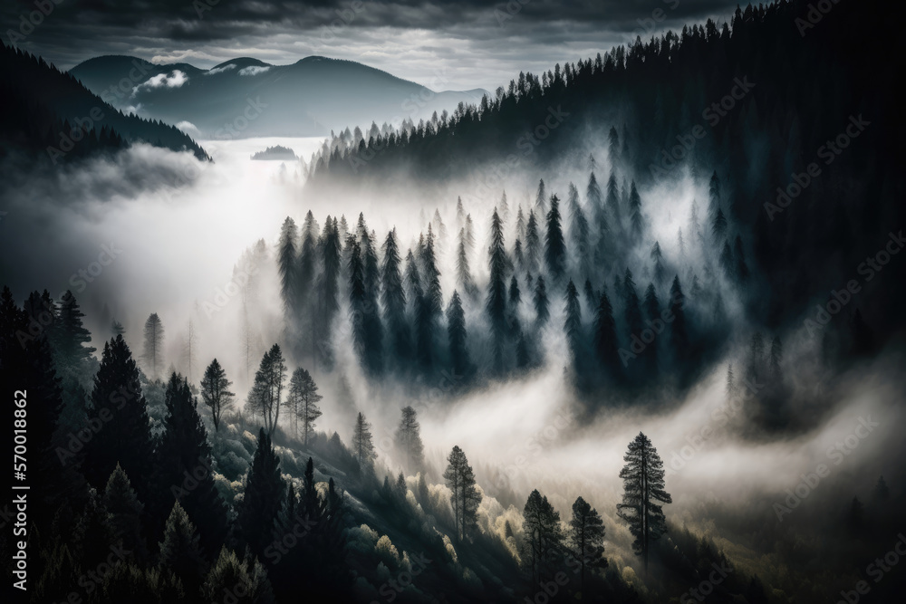 Clouds sitting in Alpine Trees, fog in fir woods top view, Generative AI background