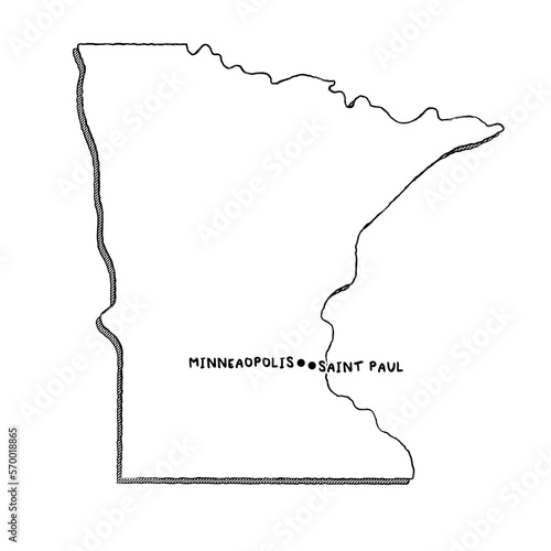 Vector hand drawn map of Minnesota MN with main cities. US States black and white illustrated map. Full vector global color swatch different layer for ease of use