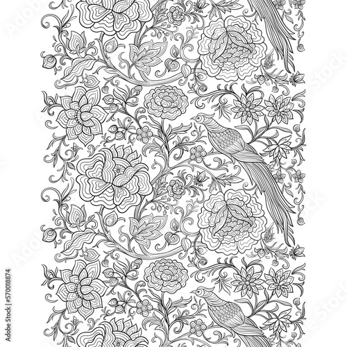 Fantasy flowers and pheasant bird in retro, vintage, chinese silk on velvet embroidery style. Seamless pattern, background. Vector illustration.