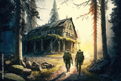 Special forces military soldiers in full tactical gear walking in forest to abandoned house, Battlefield concept, Generative AI image	