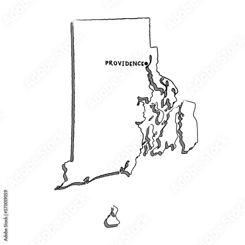 Vector hand drawn map of Rhode Island RI with main cities. US States black and white illustrated map. Full vector global color swatch different layer for ease of use