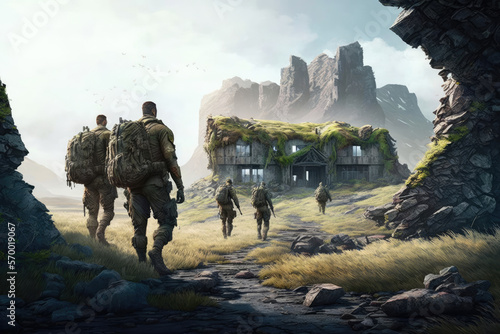 Special forces military soldiers in full tactical gear walking to ruined building in mountains, Battlefield concept, Generative AI image 