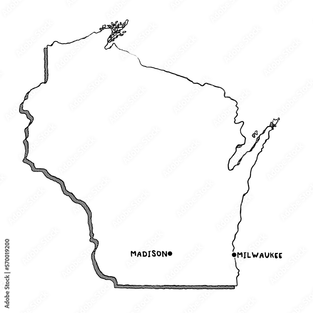 vector-hand-drawn-map-of-wisconsin-wi-with-main-cities-us-states-black