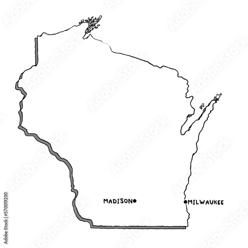 Vector hand drawn map of Wisconsin WI with main cities. US States black and white illustrated map. Full vector global color swatch different layer for ease of use