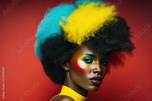 Black woman wearing vivid colours hairstyle studio portrait. Generative AI illustration.