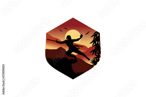 Ninja kungfu martial arts symbol logo design with natural landscape background