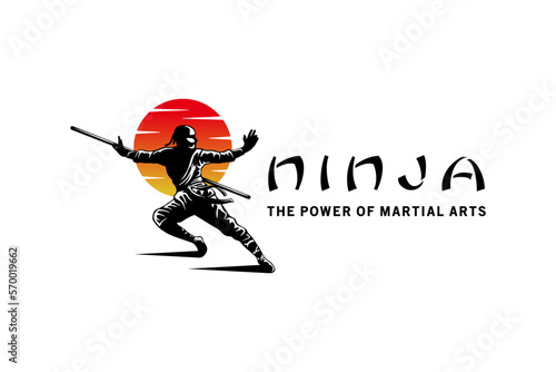 Ninja kungfu martial art symbol logo design with sunset background
