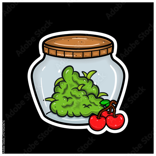 Cherry Fruit Flavor With Cartoon Mascot of Weed Bud On Jar. For Sticker and label.