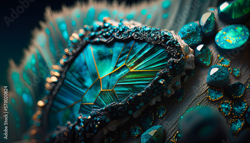 Close up view of a Chrysocolla teal crystal. Uncut mineral in nature. Macro photography created with Generative AI