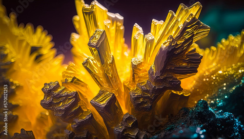 Golden sulfur mineral. Crystal macro photography created with Generative AI