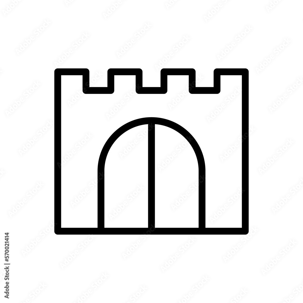 Castle gate icon. Black contour linear silhouette. Front view. Editable strokes. Vector simple flat graphic illustration. Isolated object on a white background. Isolate. Castle gate icon. Black contour linear silhouette. Front view. Editable strokes. Vector simple flat graphic illustration. Isolated object on a white background. Isolate.