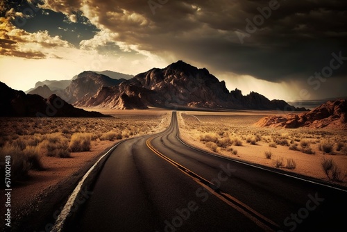 road to the mountains, driving on the highway, desert highway, created with AI, generative AI