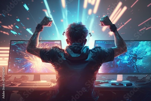 Gamer celebrating victory. Generative AI illustration.