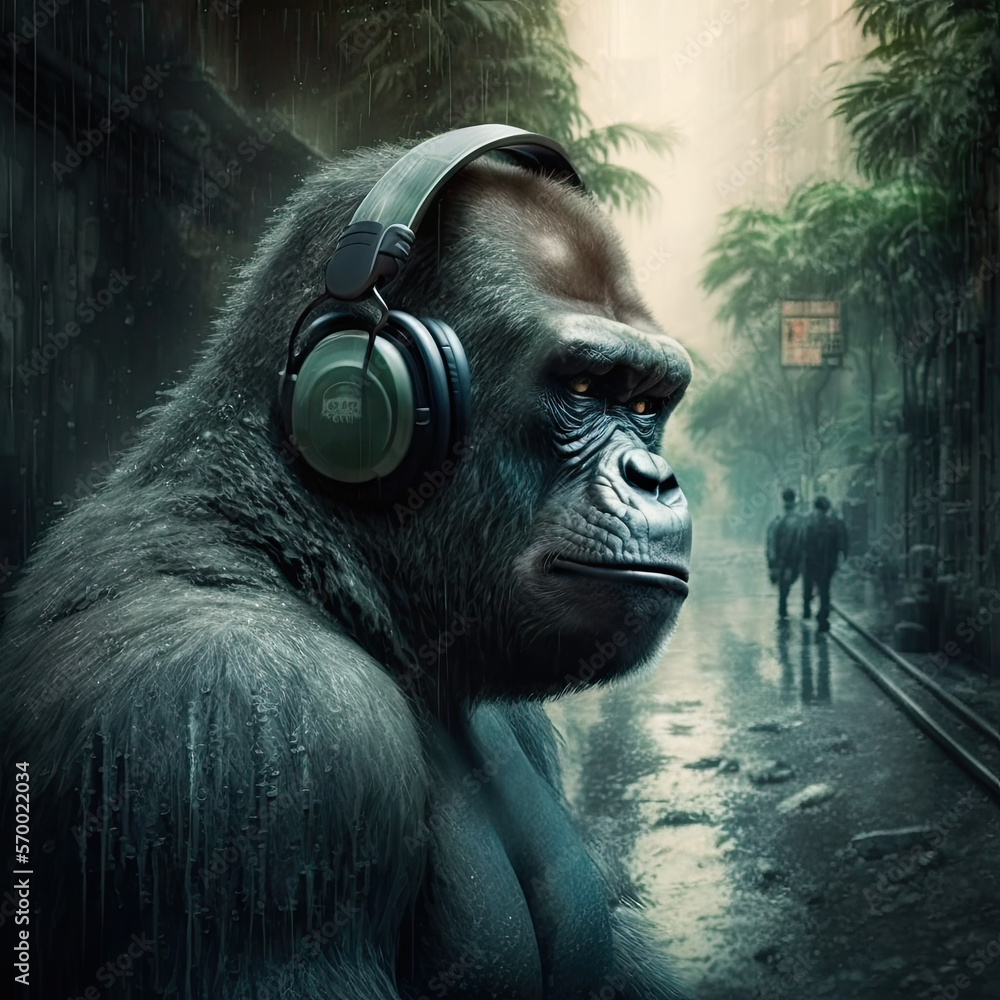 Gorilla with headphones in the rain. Ai generated illustration.