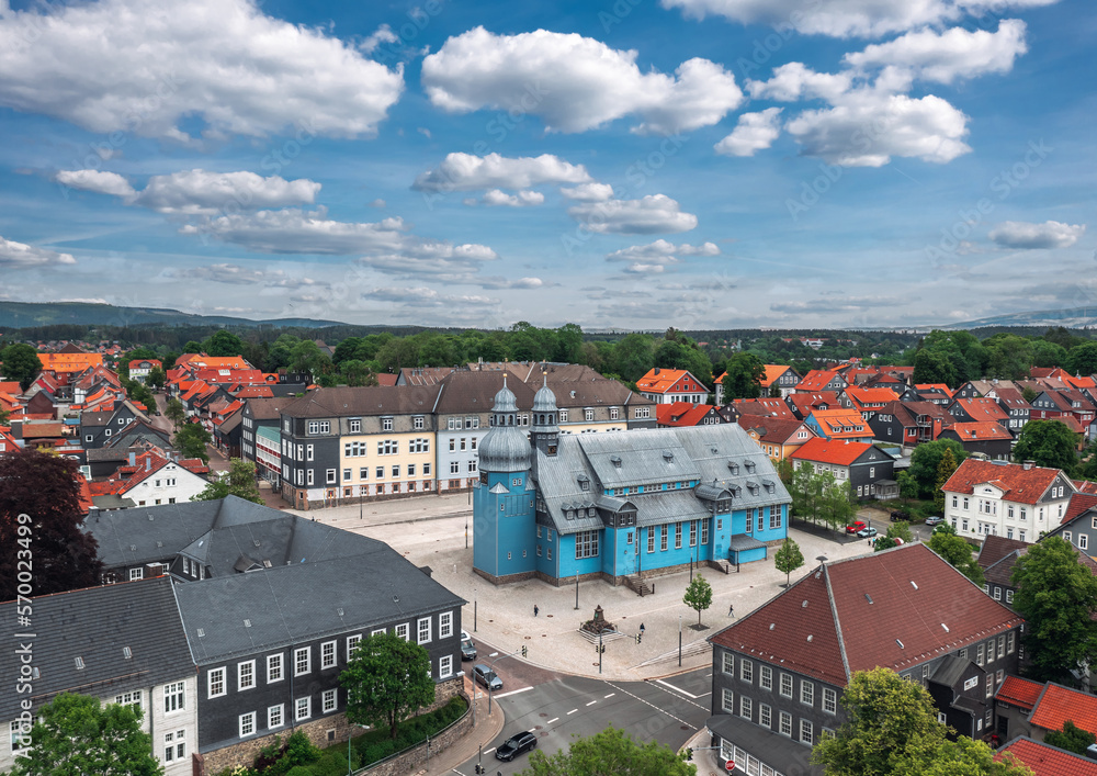 Aerial summer view of Marktkirche zum Heiligen Geist, an old wooden church in Clausthal (Clausthal-Zellerfeld), town in Harz (Oberharz) mountains region in Lower Saxony, Germany.