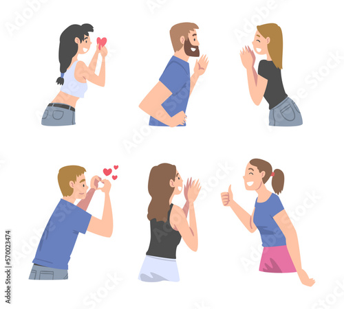 Man and Woman Showing Heart Gesture and Clapping Hands as Social Media Follower and Subscriber Showing Adoration Vector Set