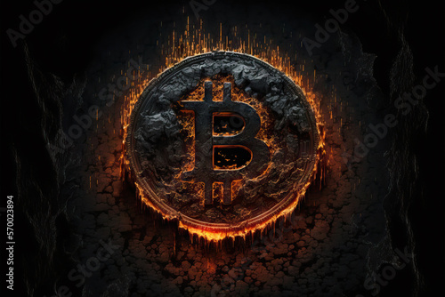 Round shaped bitcoin logo in fire photo