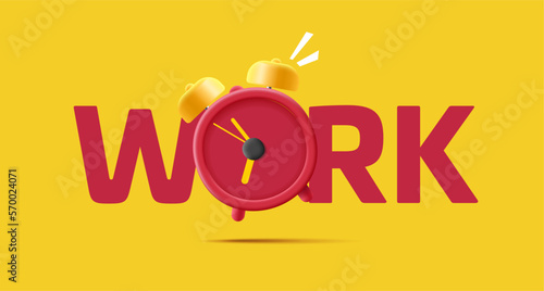 3D Red retro alarm clock on a yellow background with the inscription work. Working time. Creative illustration, get to work, for advertising concepts.