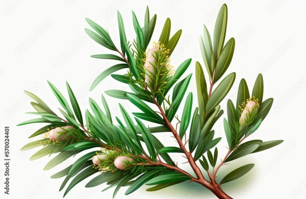Branch of the tea tree, melaleuca. On a white background, isolated. Generative AI Branch of the tea tree, melaleuca. On a white background, isolated. Generative AI