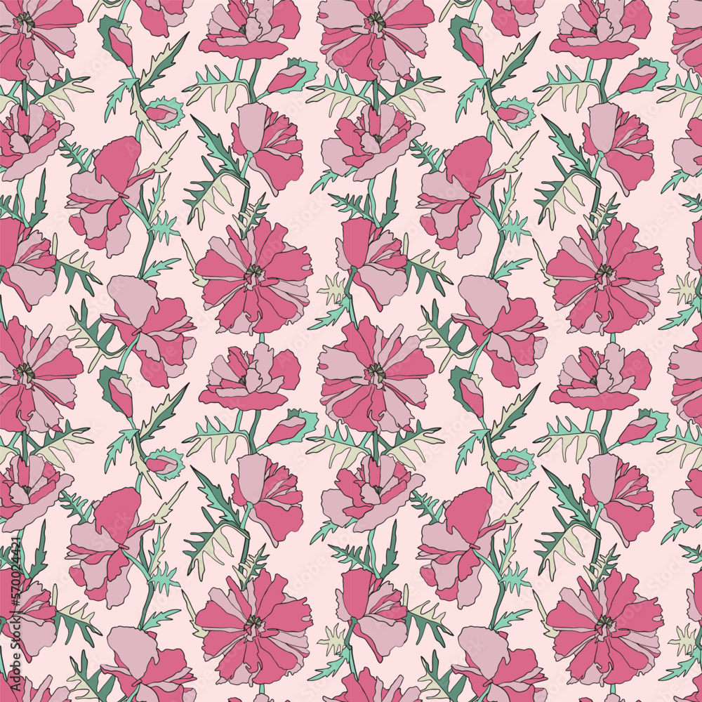 Hand-drawn pink flowers poppies. Seamless vector pattern for fabric design, textile. Summer fashion illustration Hand-drawn pink flowers poppies. Seamless vector pattern for fabric design, textile. Summer fashion illustration