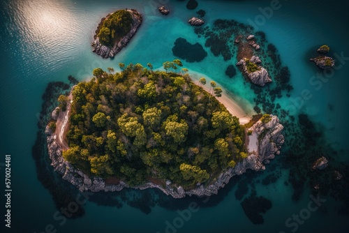 Aerial view of island, from above. Drone photography, Generative AI