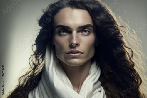 Wallpaper Mural Close-up portrait of a beautiful young androgynous person with brown curly hair on a neutral background - not based on a real person, Generative AI Torontodigital.ca