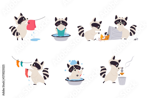 Cute Raccoon Character with Ringed Tail Engaged in Different Activity Vector Set