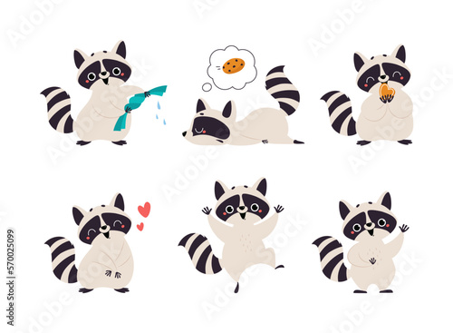 Cute Raccoon Character with Ringed Tail Engaged in Different Activity Vector Set