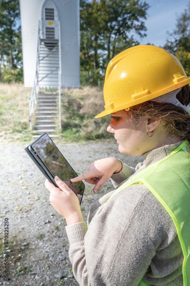 Female engineer with brown curly hair and yellow helmet is typing on her digital tablet, standing in front of a wind turbine, stairs with entrance in the background Female engineer with brown curly hair and yellow helmet is typing on her digital tablet, standing in front of a wind turbine, stairs with entrance in the background
