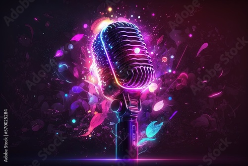Microphone and neon lights, abstract glowing background, digital illustration, Generative AI