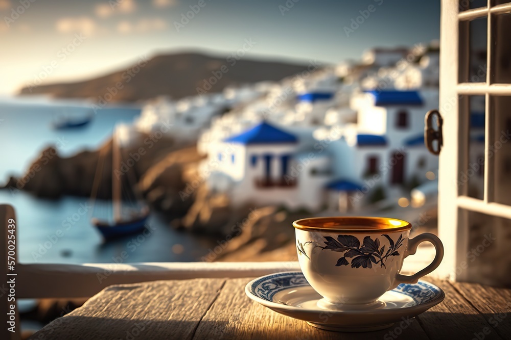 Cup of coffee on blurred background of evening Greek seascape. Based on Generative AI