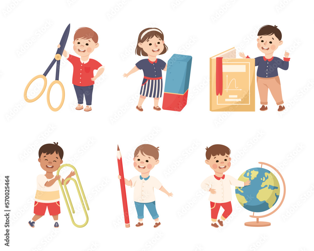 Cute Boy and Girl with Huge School Stationery Objects Vector Set