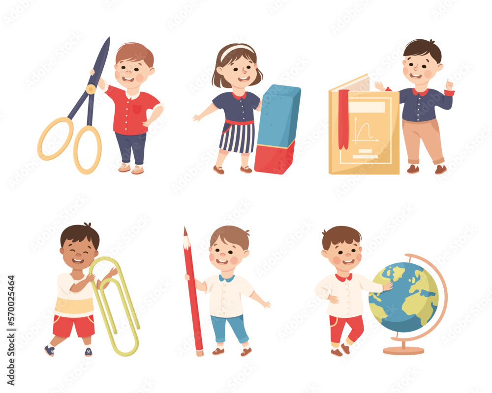 Cute Boy and Girl with Huge School Stationery Objects Vector Set Cute Boy and Girl with Huge School Stationery Objects Vector Set
