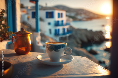 Cup of coffee on blurred background of evening Greek seascape. Based on Generative AI photo