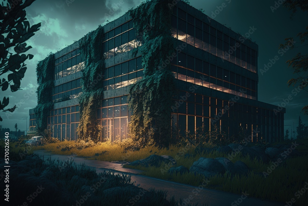 Abandoned hospital in destroyed world after apocalypse, City ​​catastrophe landscape background, Generative AI
