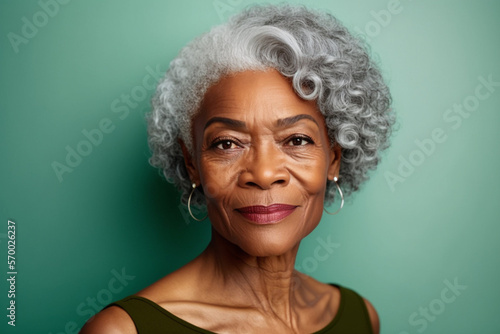 Portrait of beautiful middle age gray-haired woman created with Ai generative tools