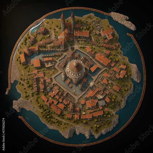 Medieval kingdom 3D round map, volumetric city map of the middle ages, digital illustration, Generative AI