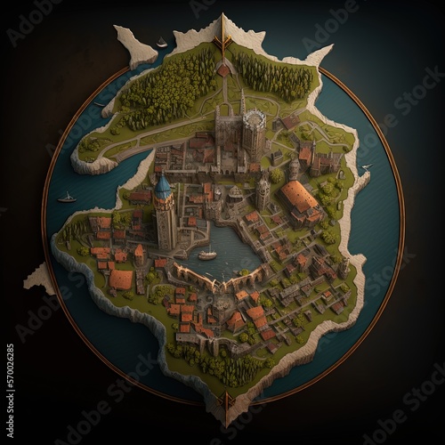 Medieval kingdom 3D round map, volumetric city map of the middle ages, digital illustration, Generative AI