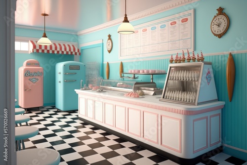 Retro ice cream shop interior. Old style ice cream parlor from the 60's. Digital illustration, Generative AI
 photo