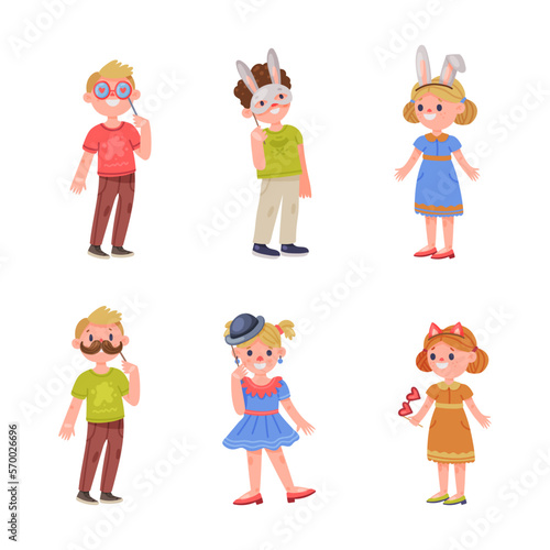 Little Kids Character with Mask on Pole and Hairband as Party Birthday Photo Booth Prop Vector Set